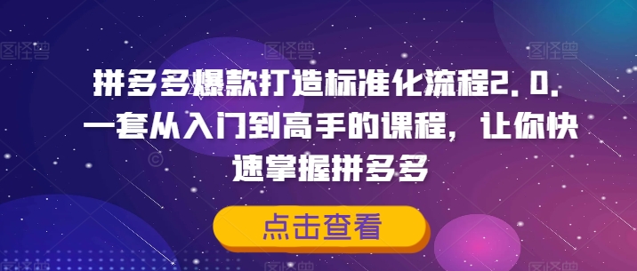 拼多多爆款打造标准化流程2.0，一套从入门到高手的课程，让你快速掌握拼多多